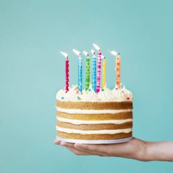 Birthday cake with colorful lit candles
