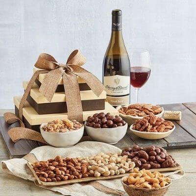 Premium Nut Gift Tower with Wine